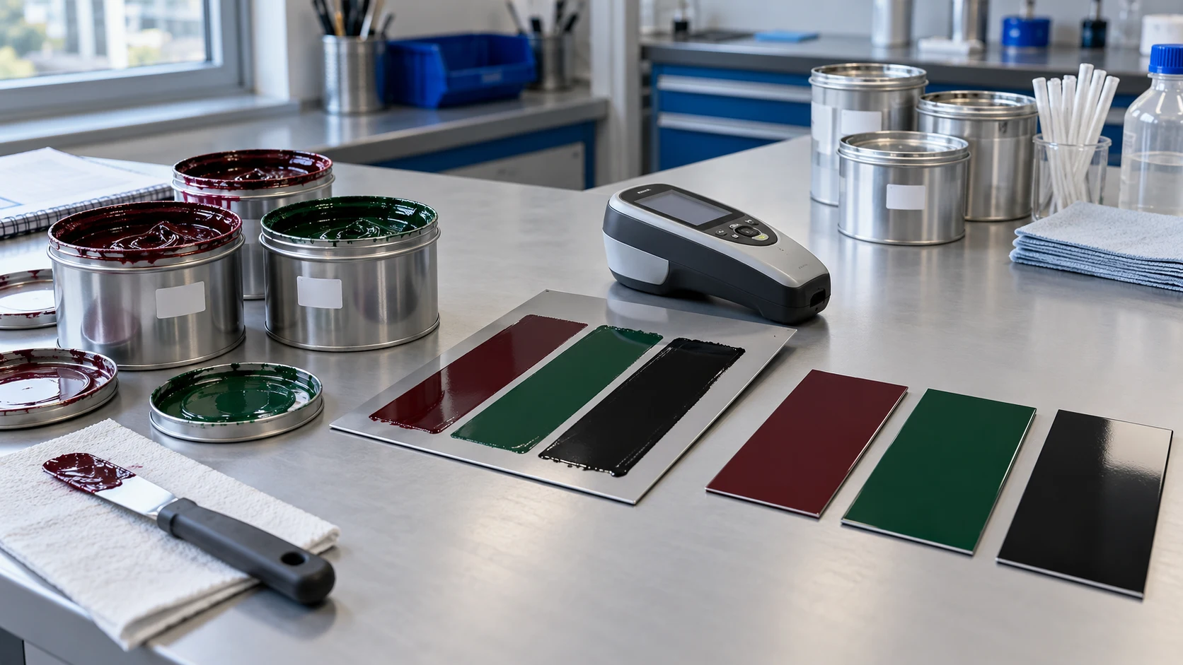 Ink samples, spectrophotometer and coated metal colour panels