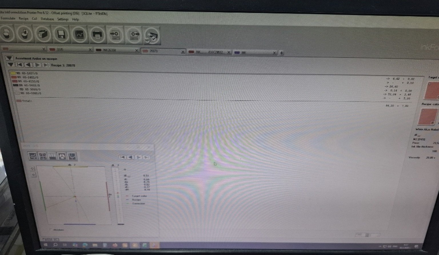 Ink formulation software screen with recipe and color correction data